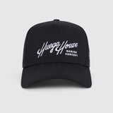 Huega House Retro Script | Everyday Black Snapback Hat - High Profile